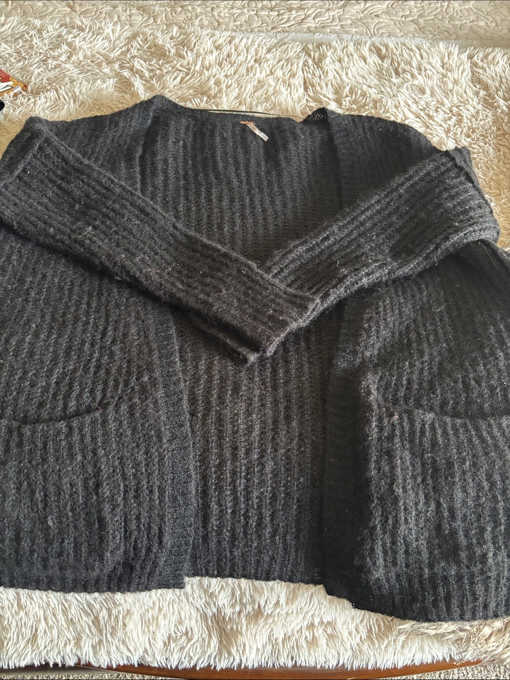 Free People Black Ribbed Open-Front Cardigan
